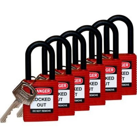 BRADY Brady® 123351 Safety Padlock With Label, Keyed Differently, Nylon Shackle, Nylon, Red, 6/Pack 123351